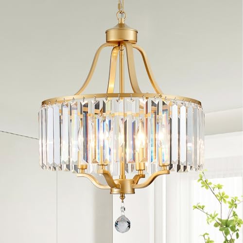 Gold Crystal Chandeliers for Dining Room, 4-Light Modern Round Chandeliers 15.7" for Living Room Kitchen Hallway Bedroom Foyer Hall, Adjustable Height Hanging Light Fixture by peksoe
