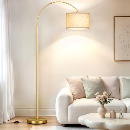 Arc Floor Lamps for Living Room, Gold Standing Lamp with Linen Shade by Anrikey