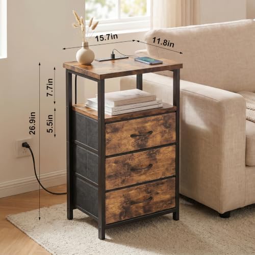 Fixwal Night Stand with Charging Station, 3 Fabric Drawers, Rustic Brown - Image 3