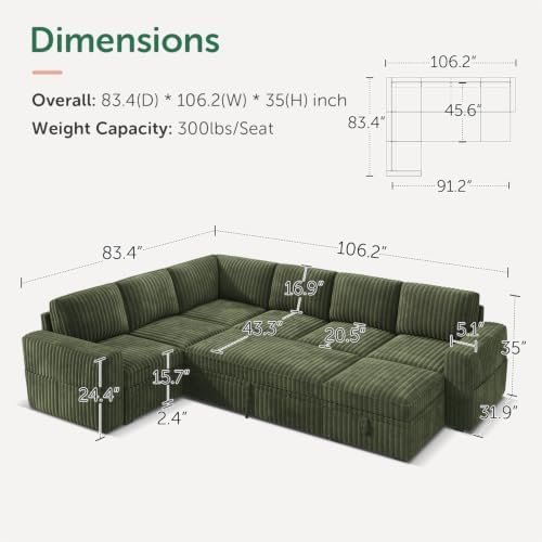 HONBAY Modular Sectional Sleeper Sofa with Pull Out Bed,Corduroy U Shaped Couch with Storage, Sectional Couches for Living Room,Green - Image 2