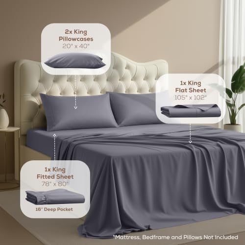 King Sheets Set, 4 Pieces 16" Deep Pocket Hotel Luxury Bed Sheets, Grey - Image 2