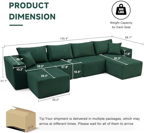135.4" Modular Boneless Couch, Sectional Couches for Living Room, Green - Image 3