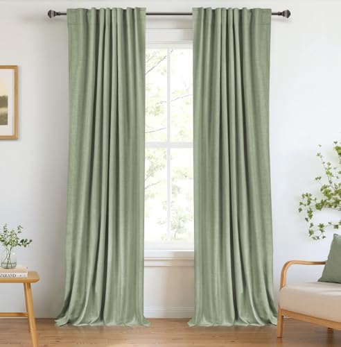 Linen Textured Total Blackout Curtains for Bedroom 96 Inches Long, Sage by 100BlackoutShield
