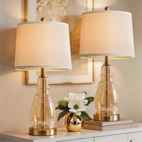 ROTTOGOON Glass Table Lamp Set of 2, Modern Table Lamps for Living Room Bedroom, Bedside Desk Lamps Vintage Nightstand Lamps with Linen Shades, 22", Champagne by ROTTOGOON