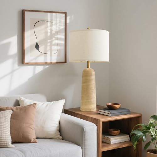 BOBOMOMO Modern Table Lamp Set of 2, Warm Beige Resin Lamp with Natural Stone Look, 27.25" Lamps for Living Room with Linen Shades, Bedside Lamp for Bedroom, Living Room, Nightstand, Entryway - Image 5