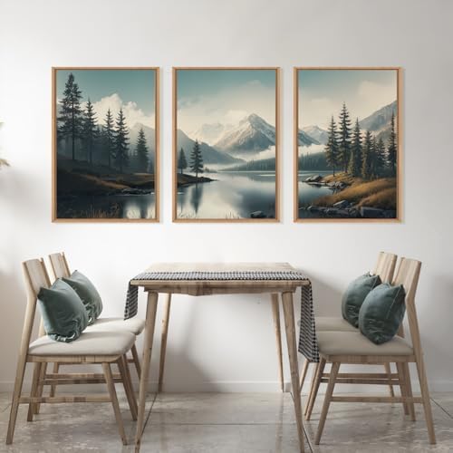 LHIUEM Large Mountain Misty Forest Framed Canvas Wall Art,Nature Ridge Foggy Wall Decor,Snow Lake Woodland Wall Painting,Pine Tree Artwork for Living Room,Bedroom,Dining Room,Office -16"x24"x3 - Image 3