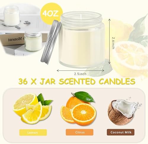 ACITHGL 36 Pcs 4oz Mini Mason Jar Candles Small Scented Candles Bulk Aromatherapy Ideal Souvenir Favors for Wedding Birthday Party (Lemon, Citrus, Coconut Milk, Silver) - Image 2