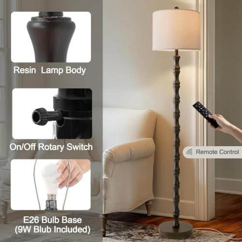 BOBOMOMO 62" Rustic Farmhouse Floor Lamp Dark Brown with Remote & Dimmable 9W Bulb, 3 Color Temperatures Resin Standing Lamp, Retro Tall Lamp for Living Room, Bedroom, Nursery, Office, Reading Nook - Image 2