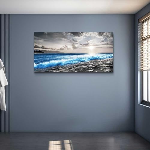 Hyidecorart Framed Canvas Wall Art - Large Size Decor for Office, Living Room, Bedroom - Blue Ocean, Black & White Modern Pictures - Image 6