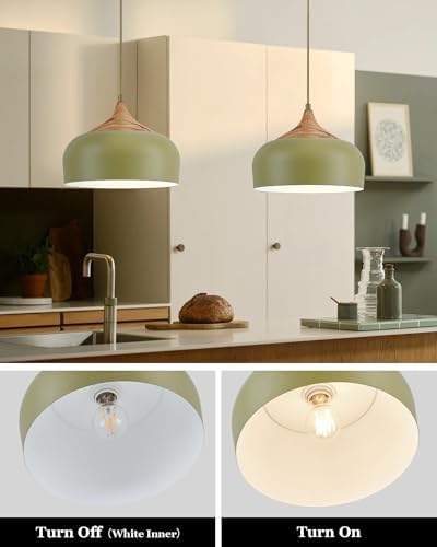 ELYONA Vintage Pendant Light Fixtures with Faux Pine Wood Grain, 12 Inch Adjustable Hanging Light Moss Green Metal Shade, Mid Century Modern Japandi Pendant Lamp for Kitchen Island Dining Room Bedroom - Image 2