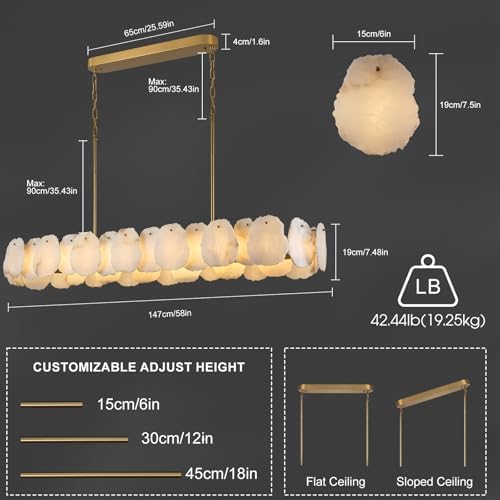 Alabaster Chandelier, 58 Inch Modern Rectangular Chandelier for Dining Room, Dimmable Linear Chandeliers for Kitchen Island, Natural Spanish Marble Stone Chandeliers for Dining Table, Living Room - Image 6
