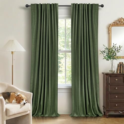Faux Linen Total Blackout Curtains for Bedroom 96 Inches Long, Moss Green by 100BlackoutShield