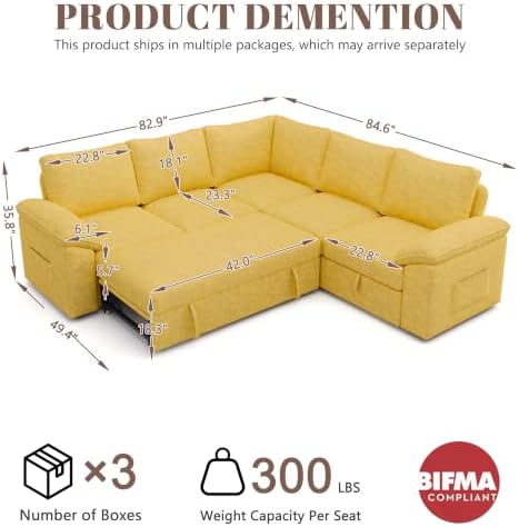 85'' Modular Sectional Sofa with Pull Out Bed, Sleeper Sofa, Yellow - Image 3