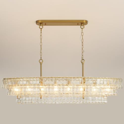Large Rectangular Chandelier for Dining Room, Kitchen Island & Dining Table, Modern Luxury Brass Glass Pendant Light Fixture by PIOUTNF