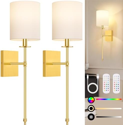 27 Inch Wall Sconces Battery Operated Set of 2, Rechargeable Wireless Wall Sconces Lights with Remote, Not Hardwired Dimmable Gold Wall Lamps with White Fabric Shade for Bedroom, 2 Bulbs Included by BestChoiceforYourLife
