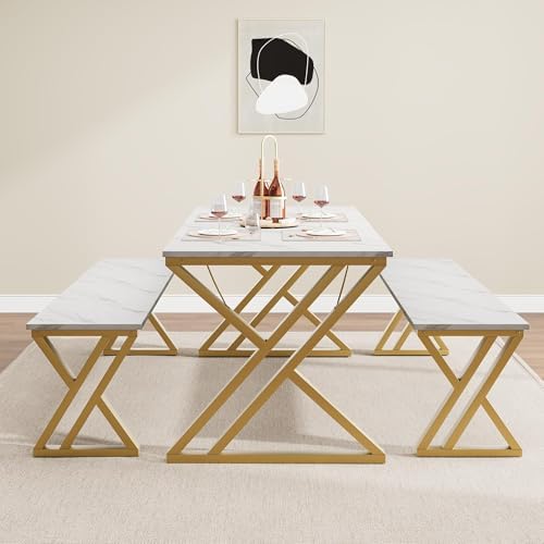 CABIHOME Space-Saving Rectangular Dining Table Set for 4 – Includes Table and 2 Benches – Durable x-Shaped Metal Frame – Perfect for Kitchen, Dining Room, Apartment, or Studio – Gold White - Image 4