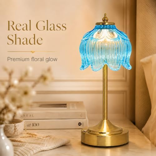 Lotus Flower Table Lamp, Cordless Rechargeable Amber Glass Bedside Lamp | 3600mAh Battery, Touch Control, 3 Color Modes & Stepless Dimming for Bedroom, Nightstand Lake Blue 1PC - Image 3
