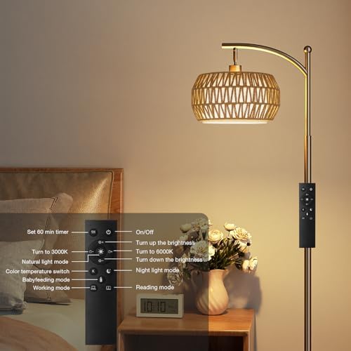 Ambimall Arc Floor Lamp with Remote & Rattan Double Shades, Brown Bohemian - Image 6