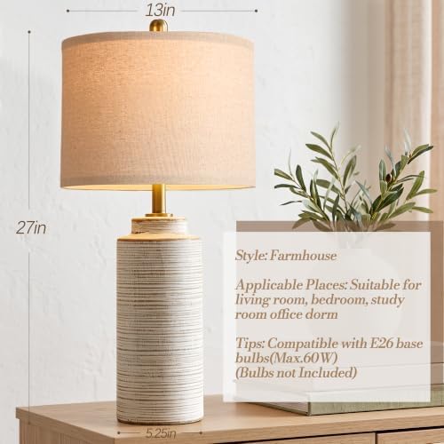 PARTPHONER 27" Vintage Ceramic Table Lamp Set of 2, Farmhouse Bedside Lamps with Ribbed Textured Finish, Rustic Nightstand Lamps for Living Room Bedroom End Tables Home Decor - Image 4