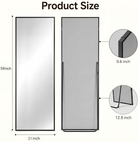 Antok Full Length Mirror, 58"x21" Floor Mirror with Stand, Black, Rect - Image 7