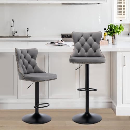 SoarFlash Velvet Bar Stool Set of 2, Adjustable Swivel Bar Stools with Black Metal Leg, Button Tufted, Footrest, Chrome Nailhead, Counter Height Chair for Kitchen, Bar, Dining Room (Grey) - Image 6