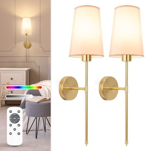 NIORSUN Gold Battery Operated Wall Sconce Set of 2,Rechargeable Wall Lights with 10400mAh Dimmable Detachable Bulbs and Remote,9 Colors Wireless Sconces for Bedroom Living Room Hallway by NIORSUN