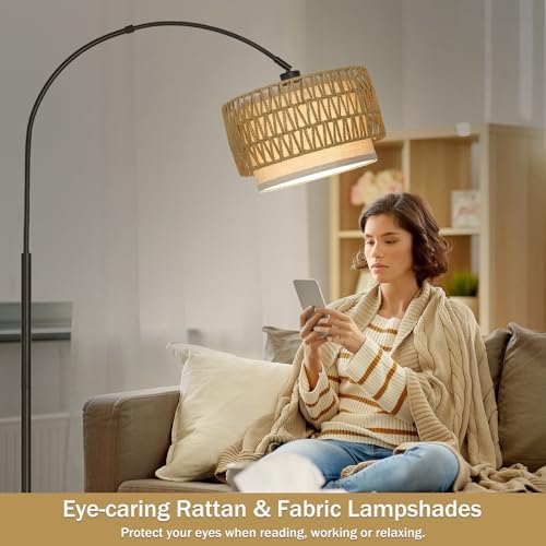 Rattan Floor Lamp, Dimmable Arc Floor Lamps with Adjustable Head - Image 5