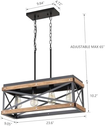 Rustic Farmhouse Wood Kitchen Island Lighting, 4 Lights Rectangular Pendant Light Fixture, Adjustable Chain Oak Wood and Metal Linear Chandelier for Dining Room Kitchen Island Farmhouse, Black - Image 4