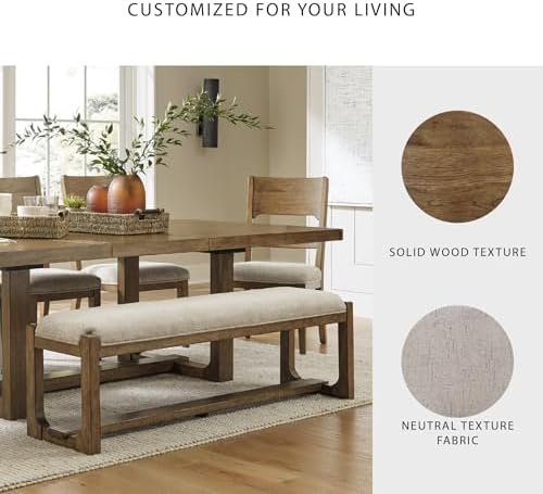 Signature Design by Ashley Cabalynn Farmhouse Upholstered Dining Bench, Foam Cushion, Hardwood Solids, 63.5" W x 16.5" D x 19.75" H, Beige & Light Brown - Image 5