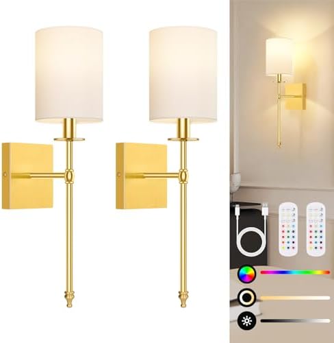 19.9 Inch Wall Sconces Battery Operated Set of 2, Gold Rechargeable Wireless Wall Sconces Lights with Remote, Not Hardwired Dimmable Wall Lamps with White Fabric Shade for Bedroom, 2 Bulbs Included by BestChoiceforYourLife
