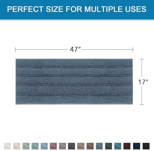 H.VERSAILTEX Bath Rugs for Bathroom Non Slip Bath Mats Thick Chenille Striped Bath Rug Runners 47" x 17" Absorbent Fluffy Soft Shaggy Mats Dry Fast Plush Area Carpet for Bath Room - Blue Indigo - Image 2