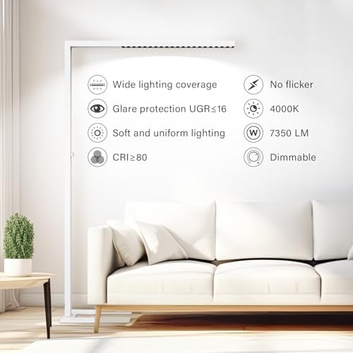 STERREN 77" LED Floor Lamp for Office, 7350LM Dimmable Eye-Care Standing Piano Lamp,70W Tall Reading Light, 4000K Bright Lighting for Living Room - White - Image 4