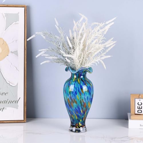 12.2H Murano Hand Blown Glass Vase, Ruffled Scalloped Rim Wide Mouth Colorful Decorative Flower Vase,Large Glass Centerpiece for Living Room,Bathroom,Office,Bookshelf,Entryway,Mantel Decor(Light Blue) - Image 7