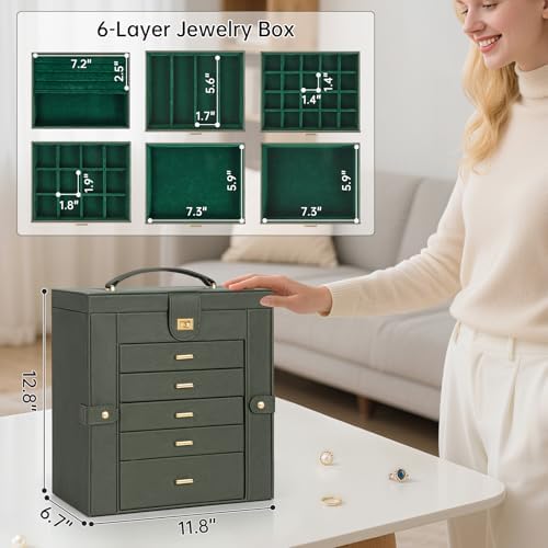 AKOZLIN 6-Tier Jewelry Box Organizer 5 Drawers Storage XLarge Darkgreen - Image 4
