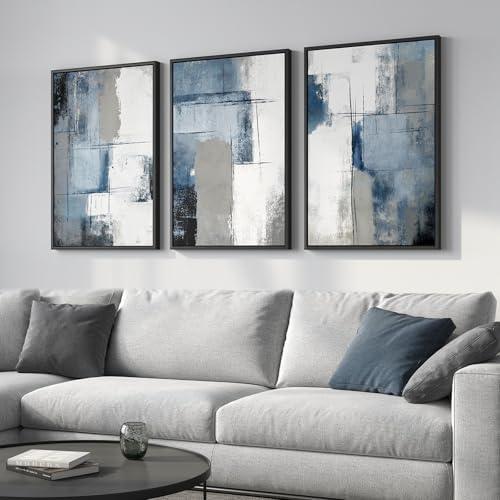 Large Framed Blue and Gray Modern Abstract Wall Art, 3 Piece Set, 20x30 In - Image 2