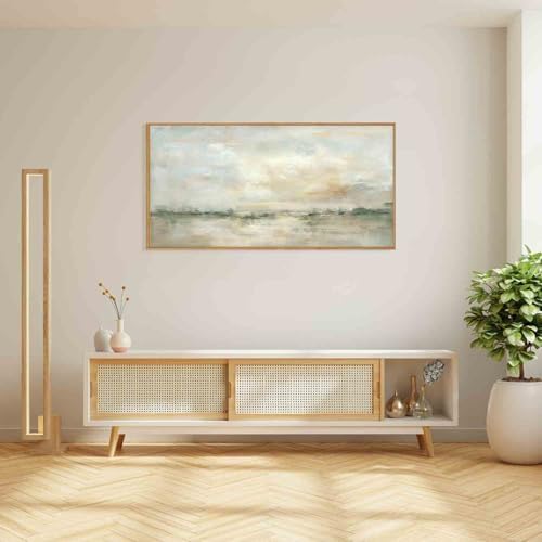 LHIUEM Large Abstract Green Gray Pastel Framed Canvas Wall Art,Neutral Landscape Wall Decor,Modern Watercolor Lake Artwork,Beige Textured Illustrations Art for Living Room,Bedroom,Office- 20"x40"x1 - Image 3