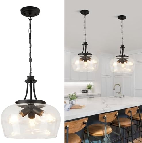 Modern Pendant Lights Kitchen Island, 3-Light Black Pendant Light Fixtures with 14.2" Clear Glass Shade, Industrial Hanging Pendant Lights Fixture for Kitchen Island Dining Room Entryway Foyer by BringBrightnesstoYourLife