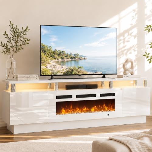 70" TV Stand for Living Room, Entertainment Center & Media Console with Storage, Fits TVs up to 80", Modern TV Cabinet with Shelves, 36" Electric Fireplace (All White) by Unknown