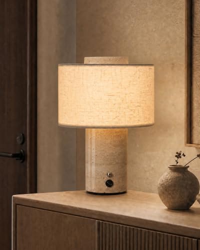 Rechargeable Marble Table Lamp 3CCT Touch Control Linen Shade by Lumenfox