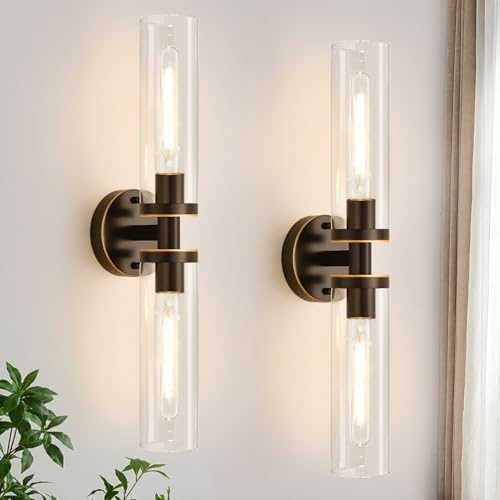 Indoi Wall Sconces Set of Two, Hardwired Brown Bathroom Sconces Wall Lighting with Clear Glass, Modern Sconces Wall Decor Set of 2 Bathroom Light fixtures for Mirror Hallway (Bulbs Not Included) by Indoibrightenyourbathroom