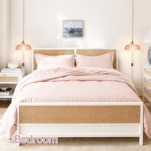 Shenmoyl Plug in Pendant Light Hanging Light Fixtures with Plugin Cord On/Off Switch,Pink Scindapsus Glass Lampshade Brass Pendant Light - Image 4