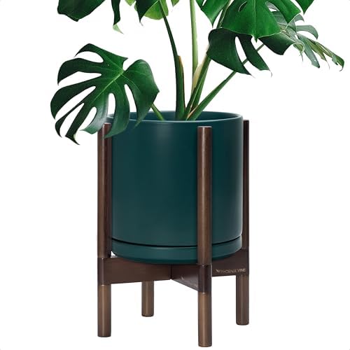 D'vine Dev Ceramic Pot with Walnut Wood Stand, Teal, 10 in, 55-B-X-4 by DvineDevPlanterPotsandStand