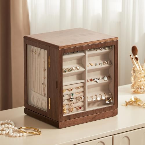 CHOSIN 360° Rotating Walnut Wooden Jewelry Box with 5 Drawers for Women - Image 2