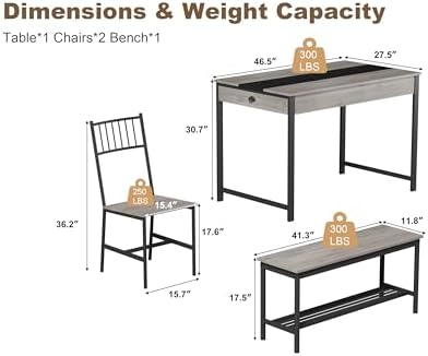 GarveeHome Dining Table Set for 4,Kitchen Table with Bench & 2 Chairs, Grey - Image 2