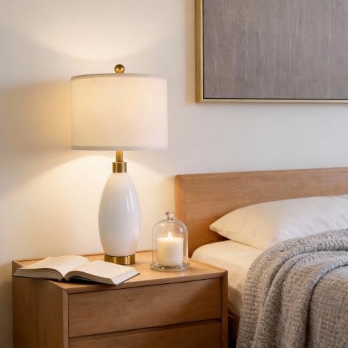 USumkky 24" White Oval Ceramic Table Lamp Set of 2, Modern Minimalist Bedside Nightstand Lamps for Bedroom Living Room, Linen Shade & Gold Metal Base, Rotary Switch E26 (Bulbs Excluded) - Image 5