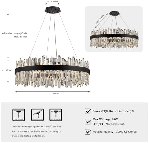Black Modern Oval Crystal Chandelier, 24-Lights Luxury Chandeliers 2-Tiers K9 Crystal Chandelier Pendant, Light Fixture G9 Lights for Dining Living Room Entryway Kitchen Dia 30 inch - Image 2