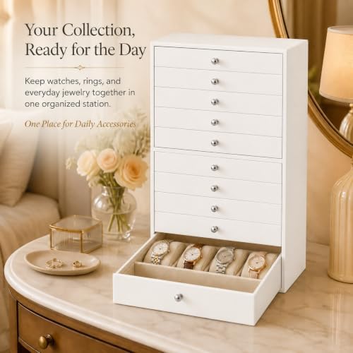 GUKA Large Jewelry Box, Jewelry Case with 10 Drawers for Big and Small Jewelry, Jewelry Storage Organizer for Watch Earrings Necklace Rings Bracelets, Birthday Wedding Gifts, White - Image 5
