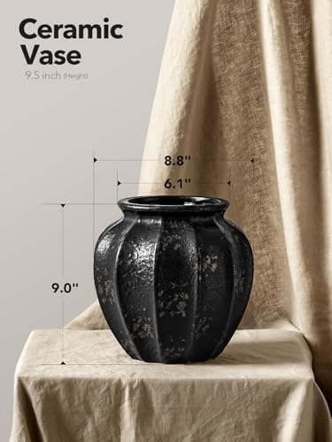 LE TAUCI Black Ceramic Vase, 9-Inch Textured Flower Vase - Image 2