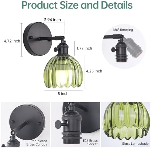 Shenmoyl Vintage Battery Operated Wall Sconce with Green Tulip Glass Lampshade Rechargeable Battery Powered Black Wall Light with Remote Control for Bedside Bedroom Doorway - Image 6