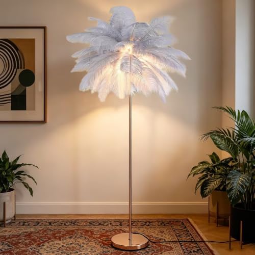 Feather Floor Lamp,Fluffy Ostrich Feather Floor Lamp for Bedroom,3 Color Temperatures Led Corner Modern Floor Lamps for Living Room Christmas Home Decor House Warming Gifts,63″ Height (Grey) by Unknown